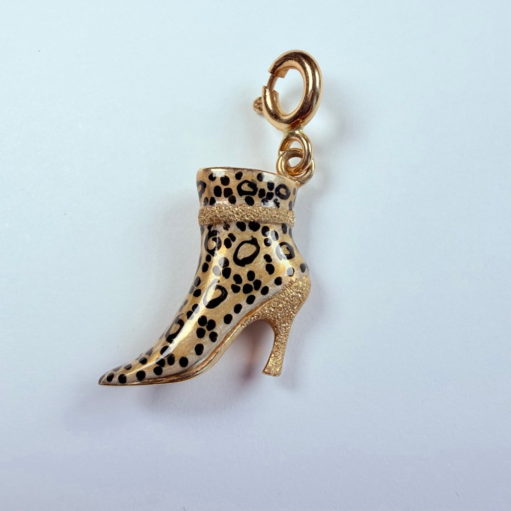 14K Solid Yellow Gold Stuller Enamel Leopard High Heel Shoe VTG Charm Pendant - Picture 2 of 9